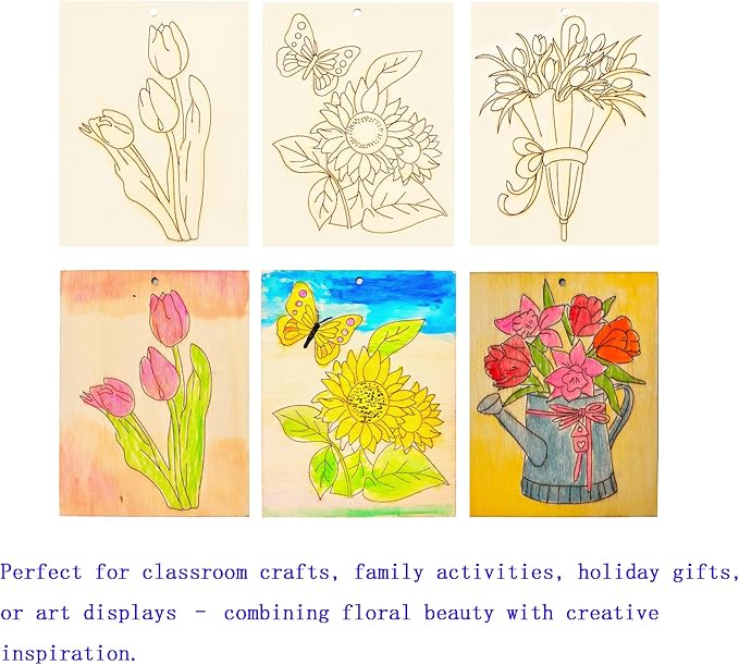 Piatoeke 16PCS 5.9×4.7in Unfinished Wooden Flower Cutouts Board for Kids Painting,Wood Crafts DIY Fun Things to Paint and Hang(Flower)