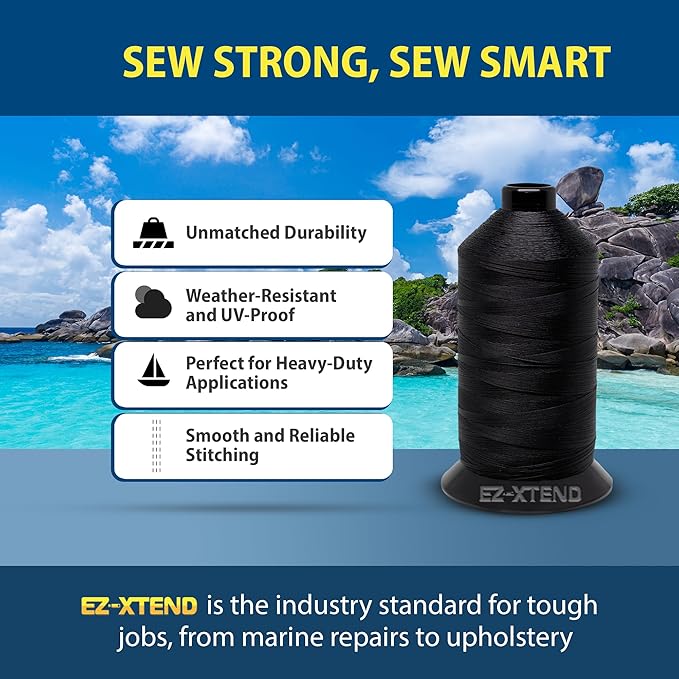 EZ-Xtend #138 Bonded Polyester Thread 100% American Made for Outdoor and Marine Fabric Sewing Applications, Awnings, Tarps, Canvas. for Heavy Duty and Industrial Sewing Machines (Black, 8 oz)