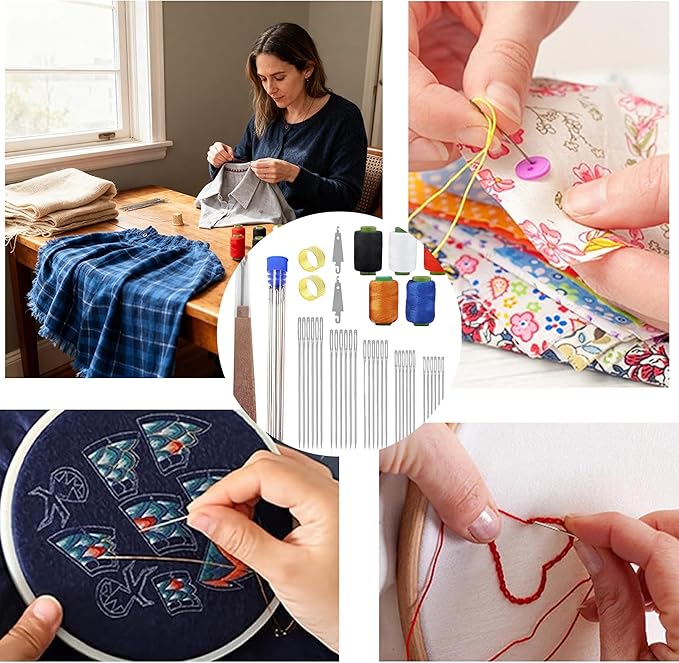 Big Eye Steel Sewing Needles Kit Stainless Steel Needles for Hand Sewing & Embroidery Complete Sewing Kit for Adults with Case (41-PCS)