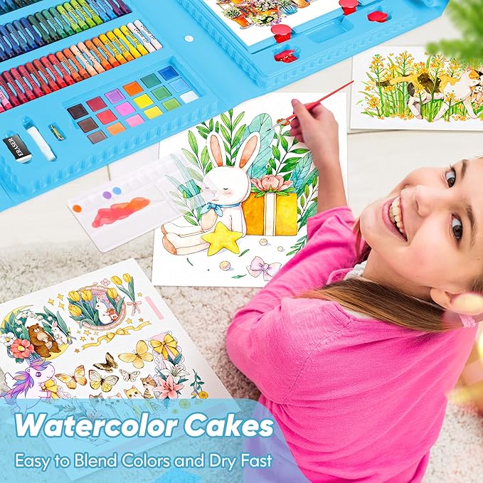 Soucolor Arts and Crafts, 283 Pieces Drawing Set Art Kits with Trifold Easel, 2 Drawing Pads, 1 Activity Coloring Book, Crayons, Oil Pastels, Watercolor Cakes, Colored Pencils, Watercolor Pens