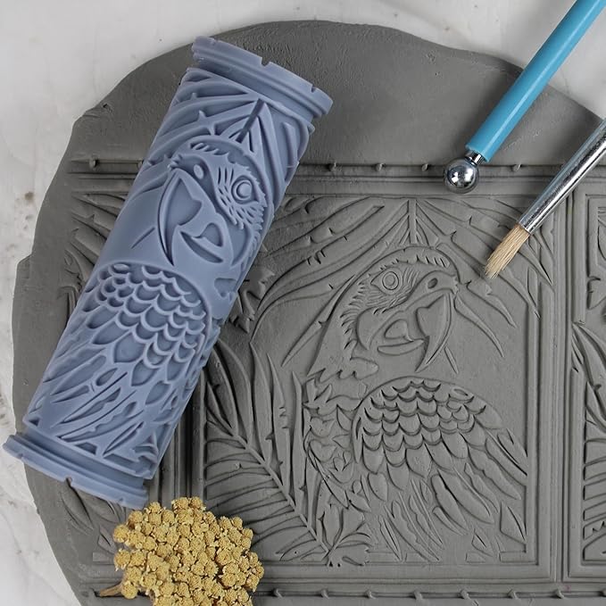 Macaw Clay Texture Roller (4") - Bird Set #01 - Embossing Pattern Roller for Polymer & Ceramic Clay, Pottery & Crafts