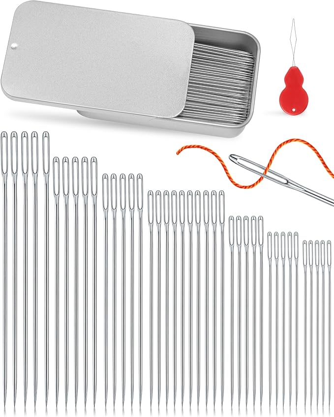 FIVEIZERO 80/40 PCS Premium Stainless Steel Sewing Needles, 7 Sizes Large Eye Sewing Sharp Needles, Leather Needle Embroidery Thread Needle with Threaders for Handsewing Art Crafts