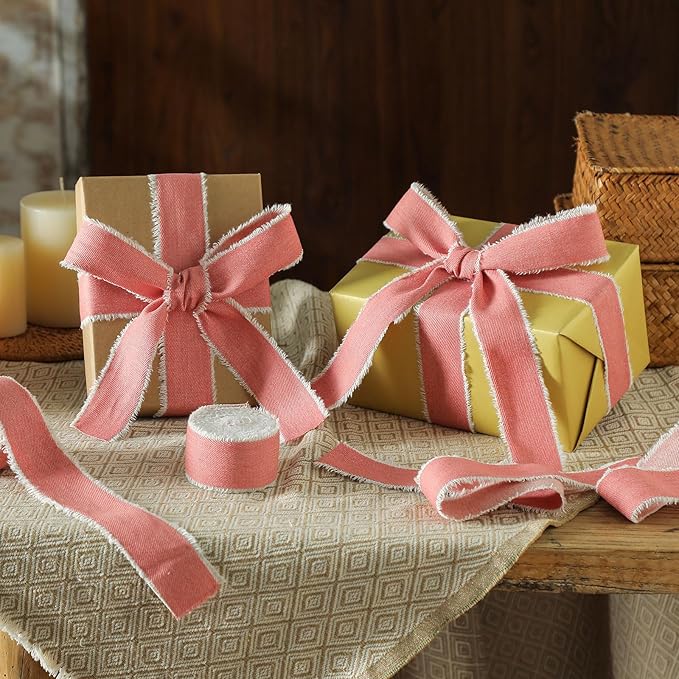 Pretty Jolly Pink Denim Ribbon for Crafts Handmade Rustic Frayed Cotton Jean Fabric Ribbon for Flower Bouquet 15 Yards 1 Inch Cloth Ribbons for Gift Wrapping Hair Sewing Accessories Holiday Decor