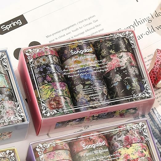 Floral Washi Tape Set - 15 Rolls Flowers Arts Adhesive Tapes Garden Blooms Decorative Masking Tape Sets for Craft, Kids, Scrapbook, DIY, Gift Wrloapping (2-Midnight Bloom)