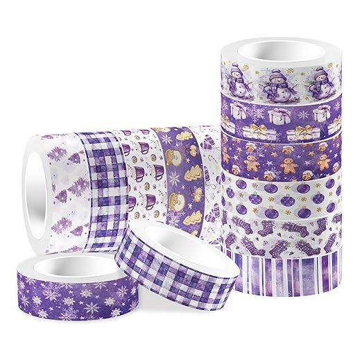 12 Rolls Purple Christmas Washi Tape Decorative Tape,Gingerbread Man Snowflake Christmas Tree Snowman Pattern for DIY Art Craft Gift Wrapping Scrapbook Journal Party Supplies Xmas Supplies