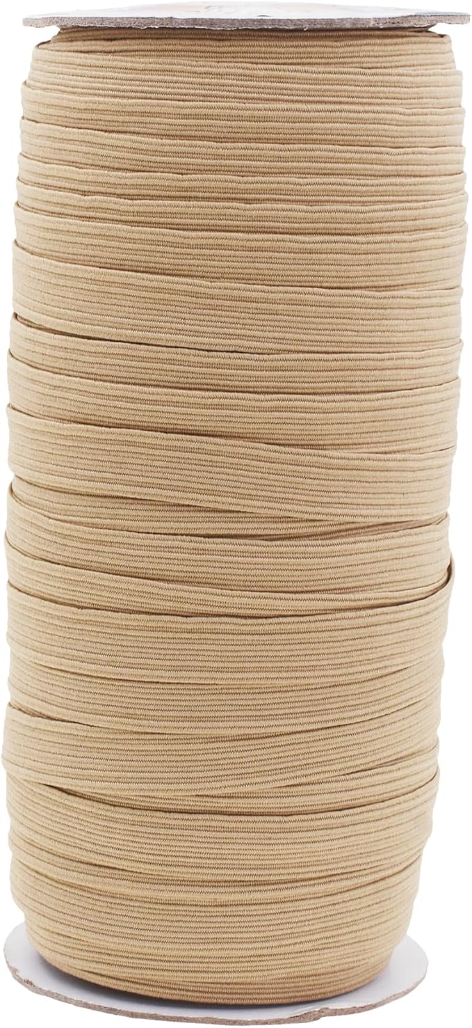 Mandala Crafts 10mm 50 Yds Roll of Tan Elastic Bands for Sewing - 3/8 Flat Elastics Cord - 3 8 Inch Braided Stretch Straps for Crafting
