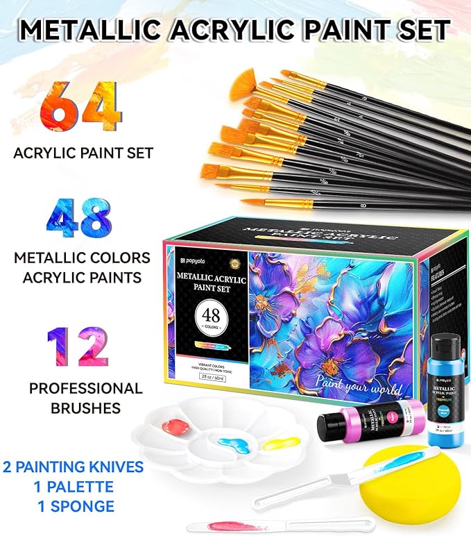 64 PCS Metallic Acrylic Paint Set with 12 Brushes, 2 Knives & Palette, 48 Colors (2oz/60ml) Art Craft Paint for Adults Kids Artists Beginners, Canvas Ceramic Rocks Wood Painting Kit Art Supplies