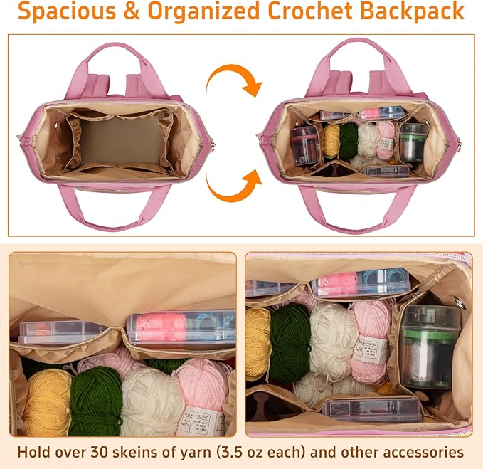 Knitting Bag Backpack, Large Crochet Bag Organizer,Water-Resistant Yarn Storage Organizer Tote Bag Yarn Holder for Crochet Hooks, Knitting Needles, Supplies
