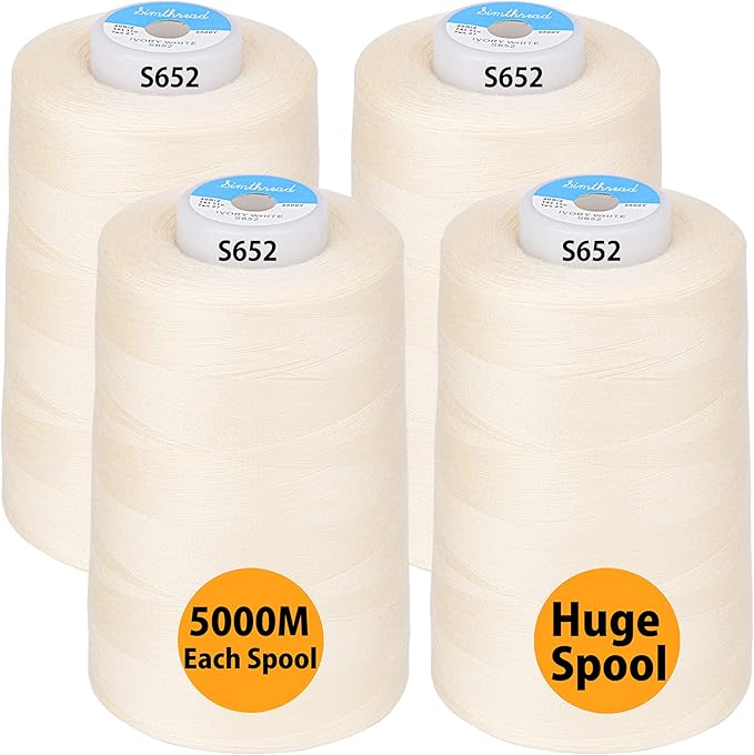 Simthread All Purpose Sewing Thread from 100% Spun Polyester for Serger, Overlock, Merrow, Quilting Sewing 4 Big Cones of 5000M (5500 Yards) Each - 40S/2 Ivory White