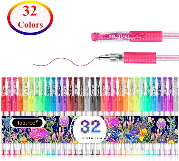 Taotree Glitter Gel Pens, 32 Colors Neon Glitter Pens Fine Tip Art Markers Set 40% More Ink Colored Gel Markers for Adult Coloring Book, Drawing Art Supplies, Scrapbook, Journaling, Sparkle Gifts