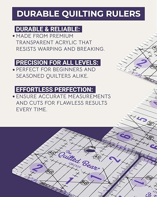 The Quilted Bear Quilting Rulers - Transparent Acrylic Non Slip Quilting, Patchwork & Sewing Ruler with Clear Black Lines & 30, 45 & 60 Degree Angles for Perfect Accuracy & Precision (2" x 12.5")