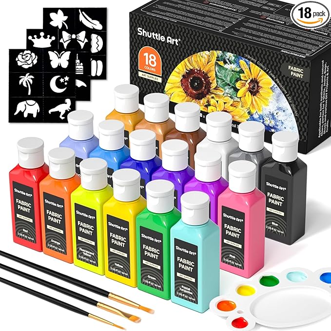 Shuttle Art Fabric Paint, 18 Colors Permanent Soft Fabric Paint in Bottles (60ml/2oz) with Brushes, Palette, Stencils, Non-Toxic Textile Paint for T-Shirts, Shoes, Jeans, Bags, DIY Projects&Art