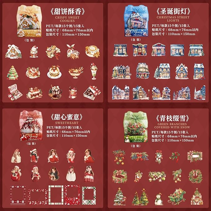 90 Pieces Christmas Aesthetic Stickers, Waterproof PET Winter Holiday Decals for Scrapbooking, Cards, Gift Wrapping, Planners, and Adult DIY Crafts (6 Packs)