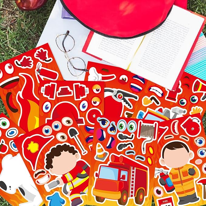 24 Sheets Firefighter Stickers, Make Your Own Firefighting Theme Sticker, Make a Face Fireman Stickers for Classroom Party Favor Rewarded School