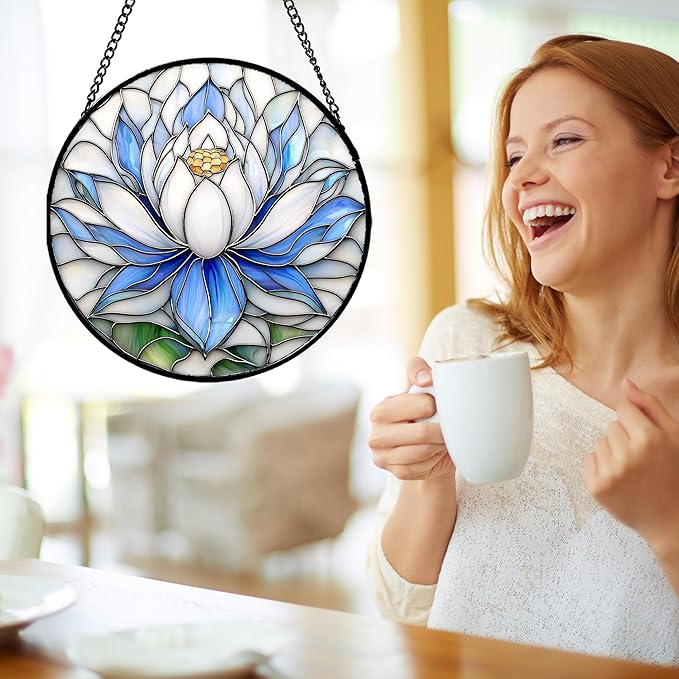 Stained Glass Window Hanging - Blue and White Lotus Petal Suncatcher for Doors Window Home Sun Catchers Decor Christmas Mother's Day July Birthday Gifts for Teacher Women Men Mom Nana 14.9 in