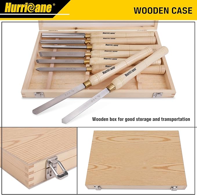 HURRICANE 8pc Wood Lathe Chisel Set with Wooden Box - HSS Wood Turning Tools for Woodworking - Perfect Tools for Precision Cutting and Smooth, Detailed Projects
