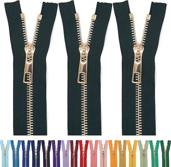 #5 Gold Metal Zipper - 50+ Colors - 3 PCS - (4-14 inches) Sizes - Luxury Lightweight Handcraft Metal Zippers with pulls for Purses Bags Pockets Shoes Sewing & Crafts DIY ZP025314