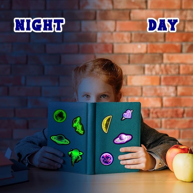 Glow in The Dark Neon Planets Water Bottle Stickers for Kids, 70 PCS Vinyl Space Waterproof Decals for Laptop Phone Case, Solar System Decor for Adults Kids Girls Boys