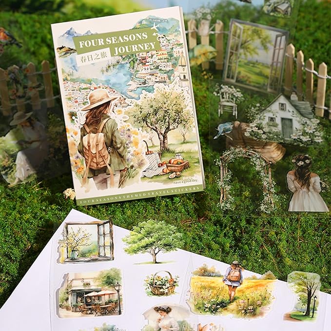 Seasons Journey Pre-Cut PET Sticker Set, 80 Sheets of Seasonal Travel-Themed Stickers for Scrapbooking, Journaling, DIY Crafts, and Junk Journal Ephemera
