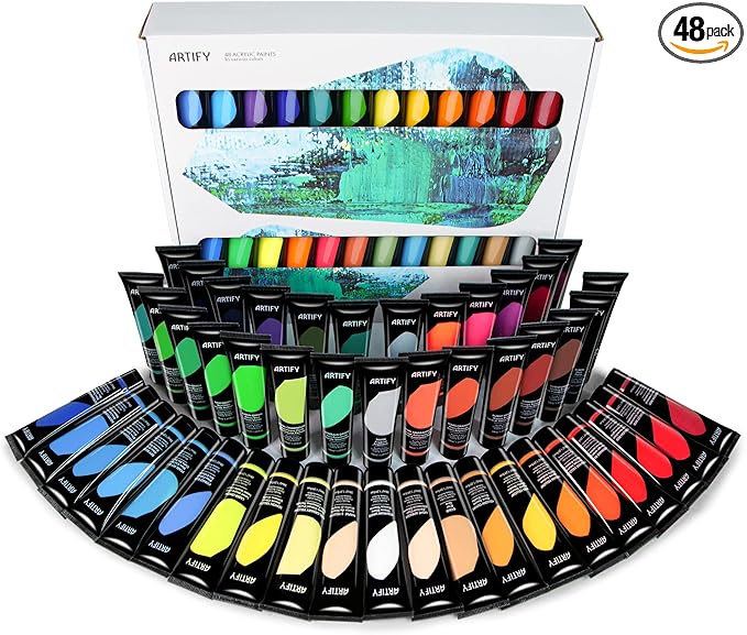 ARTIFY Acrylic Paint, Set Of 48 Color (1.29 oz, 38ml) with a storage box, Rich Pigments, Non Fading, Non Toxic Paints for Artist, Hobby Painters & Kids, Art Supplies for Canvas Painting