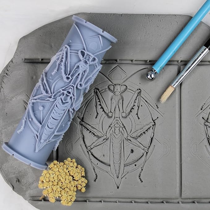 Praying Mantis Clay Texture Roller (4") - Insect Set #01 - Embossing Pattern Roller for Polymer & Ceramic Clay, Pottery & Crafts