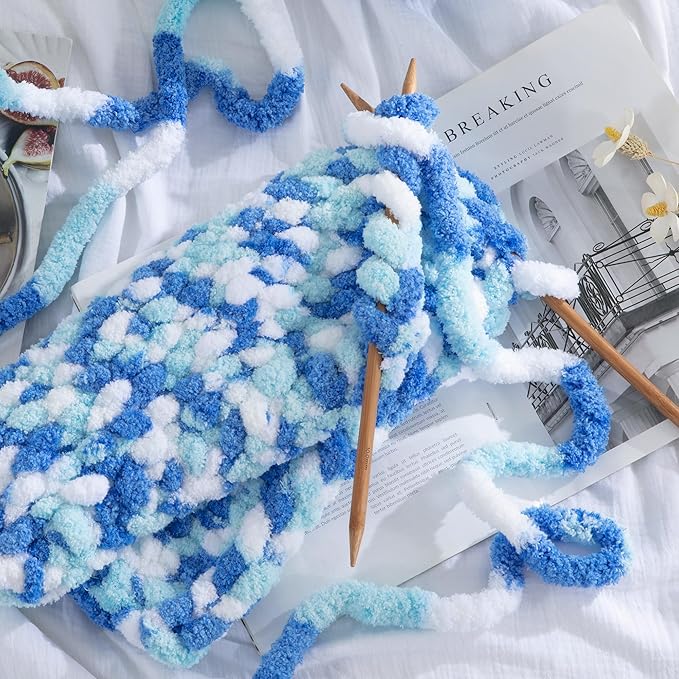 HOMBYS 8 Pack Giant Chunky Yarn for Crocheting and Knitting, Super Bulky Large Soft Fluffy Tie Dye Plush Fuzzy Mixed Color Thick Chenille Yarn (Blue, Sky Blue, White)