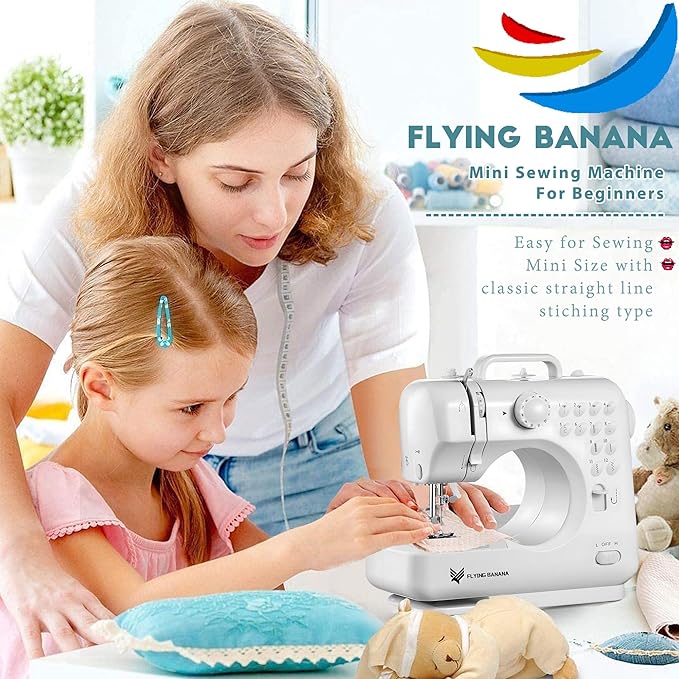 Flying Banana Mini Sewing Machine for Beginners - Portable with 12 Stitches, Best Christmas Gifts 2025 for Boys & Girls 8 +, Kids Sewing Kit, Home DIY Crafting