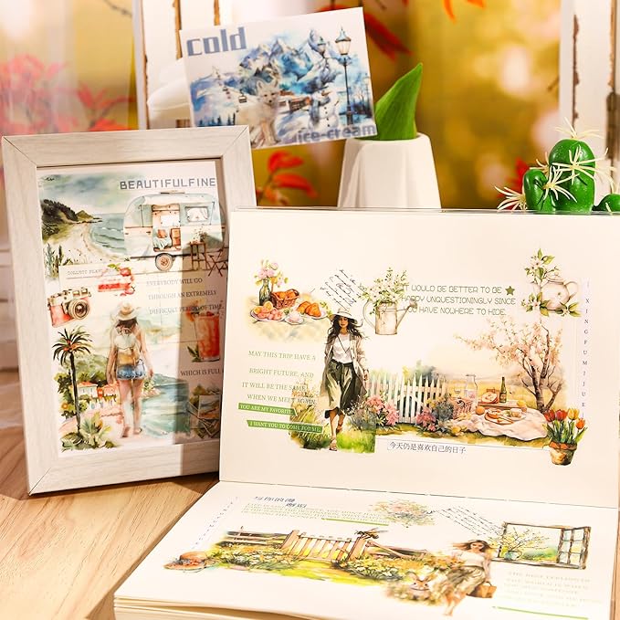 Seasons Journey Pre-Cut PET Sticker Set, 80 Sheets of Seasonal Travel-Themed Stickers for Scrapbooking, Journaling, DIY Crafts, and Junk Journal Ephemera