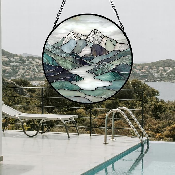 Stained Glass Window Hanging 4 Pcs Set Mountain River Landscape 7.8" - Suncatcher Door Garden Sun Catcher Decor Birthday Mother's Day for Mom Woman Nana Girl Boy Friend
