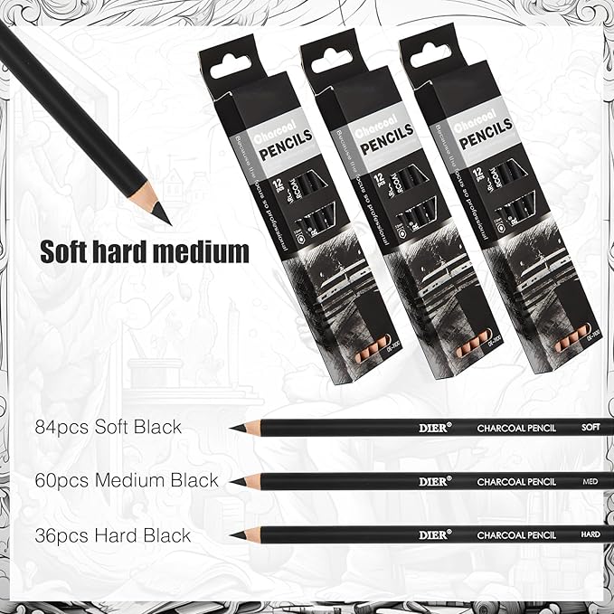 Geyoga 180 Pcs Professional Charcoal Pencils Drawing Set Soft Medium and Hard Charcoal Sketch Drawing Pencils for Beginners Artists Shading Sketching