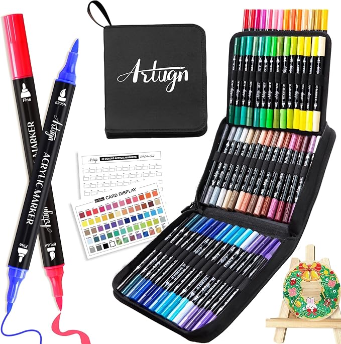 60 Colors Acrylic Paint Pens, Dual Tip Pens With Fine Tip and Brush Tip for Rock Painting, Ceramic, Wood, Plastic, Calligraphy, Scrapbooking, Brush Lettering, Card Making, DIY Crafts