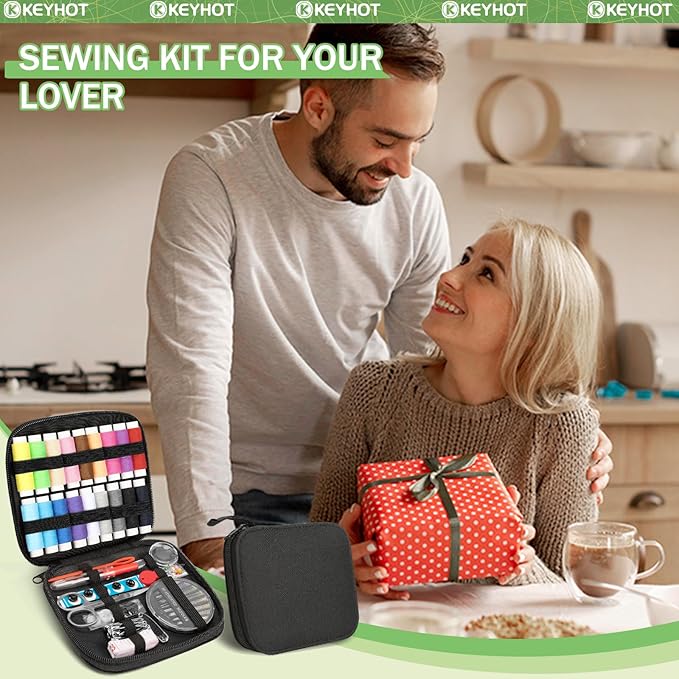 KEYHOT Sewing kit Basic,Needle and Thread Kit,Travel Small Sewing Machine Supplies for Adults Beginners Men, Home Travel Emergency Including Scissors Measure Tape Needle Threader (87pcs)