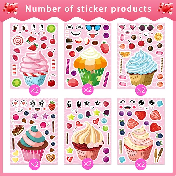 24 Sheets Make Your Own Multicolor Cartoon Ice Cream & Cupcake Stickers, Make a Face Stickers 12 Styles Dessert Sticker, Perfect for Decorating & Gifting, Ages 3+