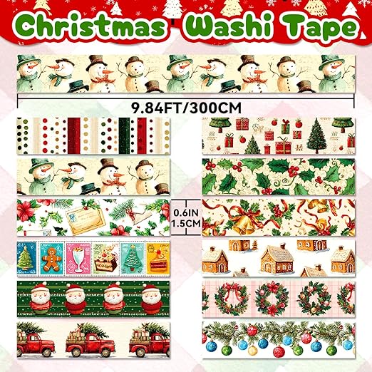 12 Rolls Christmas Washi Tape Set, Vintage Cartoon Xmas Decorative Tape Santa Holiday Retro Masking Tape for Journaling Supplies, Junk Journal, Scrapbooking, DIY Arts & Crafts, Gift Wrapping