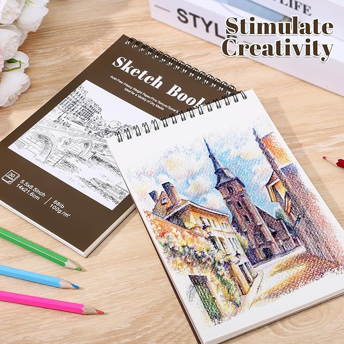 4 Pack Small Sketch Books, 5.5 x 8.5 Inch Mini Sketchbook, 68lb/100gsm Spiral Bound Small Sketch Pad, Acid Free Art Supplies Drawing Painting Sketchbook for Kids, Beginners, Artists (Yellow-Brown)