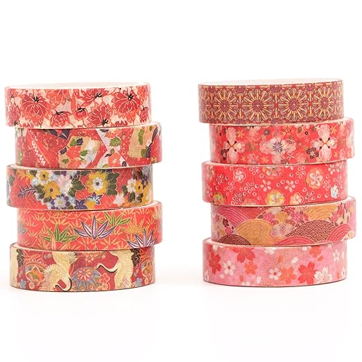 10 Rolls Ukiyo-e Style Washi Tape Set Japanese Kyoto Arts Adhesive Tapes Skinny Decorative Masking Tape Sets for Craft, Kids, Scrapbook, DIY, Gift Wrapping (Crimson Harmony)