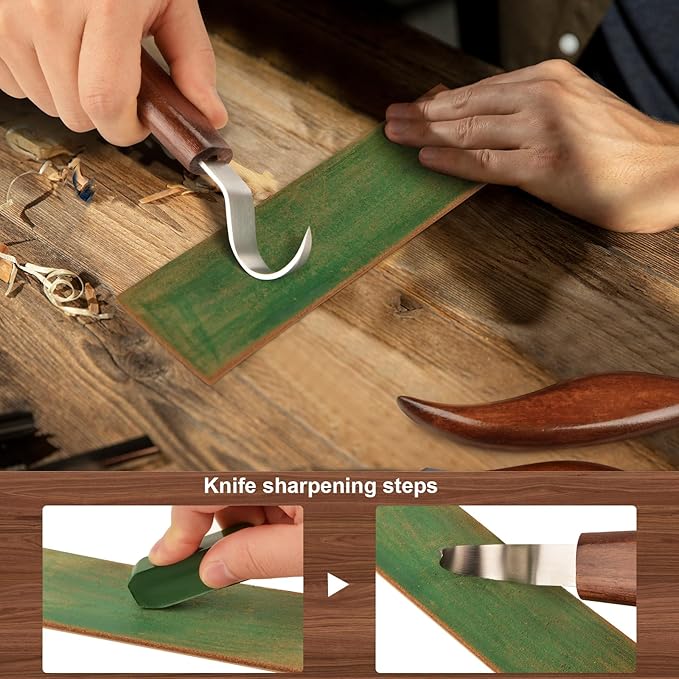 Wood Carving Knife With Leather Strop and Polishing Compound, Wood Whittling Tools for Beginners, Adults and Kids (Hook Carving Knife)