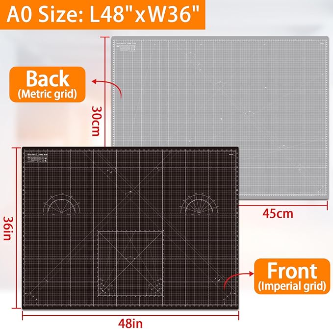 Self Healing Cutting Mat A0 36"x48" – Double Sided 5-Ply Craft Mat for Sewing, Quilting, Fabric, Scrapbooking – Black/Gray