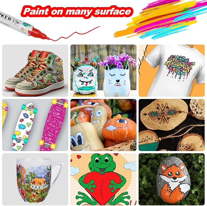 12 Colors Acrylic Paint Pens, Dual Tip Acrylic Paint Markers for Paper, Wood, Canvas, Stone, Rock Painting, Glass, Fabric, DIY, Ceramic, Art Supplies for Adults Drawing (Dot + Fine)
