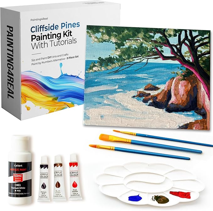 Painting4Real DIY Art Painting Kit for Adults – Learn to Paint Cliffside Pines with Video Tutorials – 9 Pieces Acrylic Paint Set for Adults –Perfect Christmas Crafts & Holiday Gifts for Art Lovers
