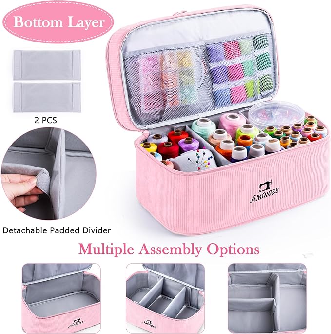 AMOIGEE Double-Layer Sewing Accessories Organizer with Pin Cushion – Large Sewing Storage Bag for Thread, Notions & Tools – Portable Travel Sewing Tote for Quilting, Embroidery & Crafts Gift (BagOnly)
