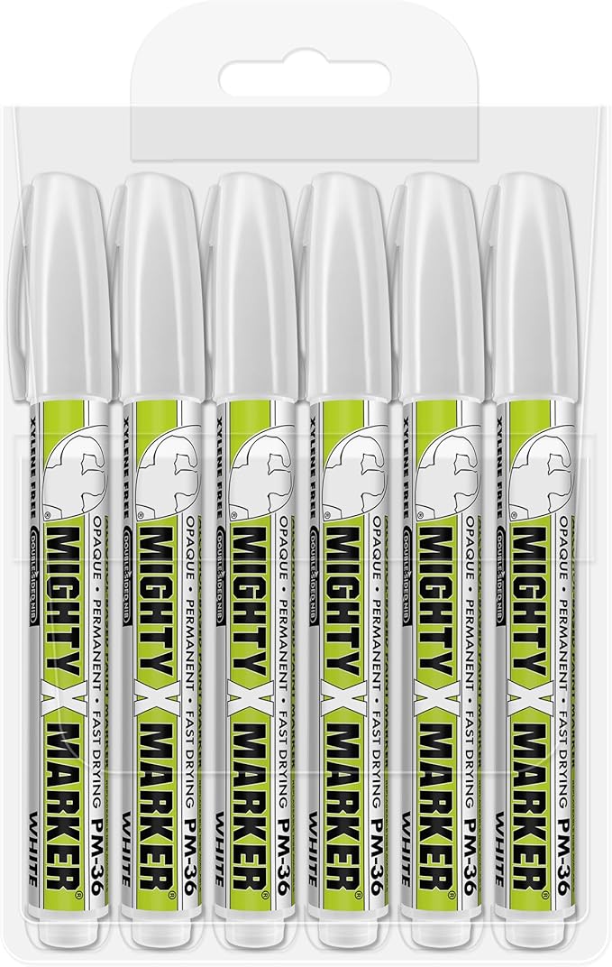 PM-36 Paint Marker, 2.3mm Bullet Tip, Permanent & Waterproof, DIY Crafts, Drawing, Glass, Ceramic, Stone, 6 Bonus Reversible Tips, Made in USA, White 6 Pack