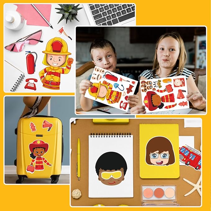 24 Sheets Firefighter Stickers for Kids, Make-a-face Fireman Stickers Sheets, Fireman Themed Sticker Party Favor Supplies Craft School Fire Education Teacher Reward