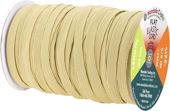 Mandala Crafts 16mm 20 Yds Roll of Beige Elastic Bands for Sewing - 5/8 Flat Elastics Cord - 5 8 Inch Braided Stretch Straps for Crafting