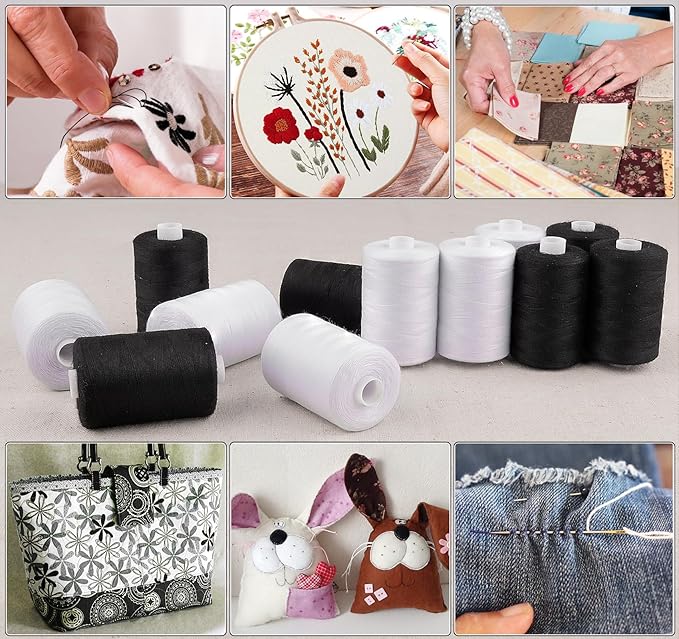 12 Pcs Sewing Thread, 1000 Yards Black Threadfor Sewing，All-Purpose White Thread forSewing, Polyester Threadfor SewingMachine, Hand Stitching, Quilting (White & Black)