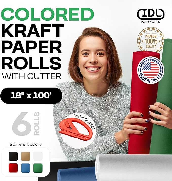 Assorted Colors Construction Paper with Cutter, Set of 6 Rolls 18" x 1200" (100 ft) - USA-Made Natural Multi-Color Paper for Gift Wrapping, Kids' Arts & Crafts, School & DIY Projects by IDL Packaging