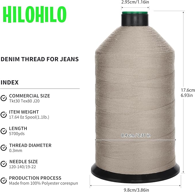 Extra Strong Polyester Corespun Thread Tkt30 Tex80 J20, 5700yds, Suitable Denim Thread for Jeans and Workwear (Khaki)