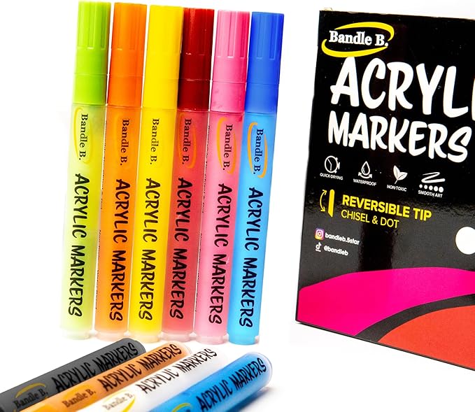 Bandle B. Acrylic Paint Markers – Set of 8 Paint Pens for Art, Fabric, Coloring, and Journaling–Quick-Drying, Waterproof, Non-Toxic, Reversible Chisel-Dot Tip