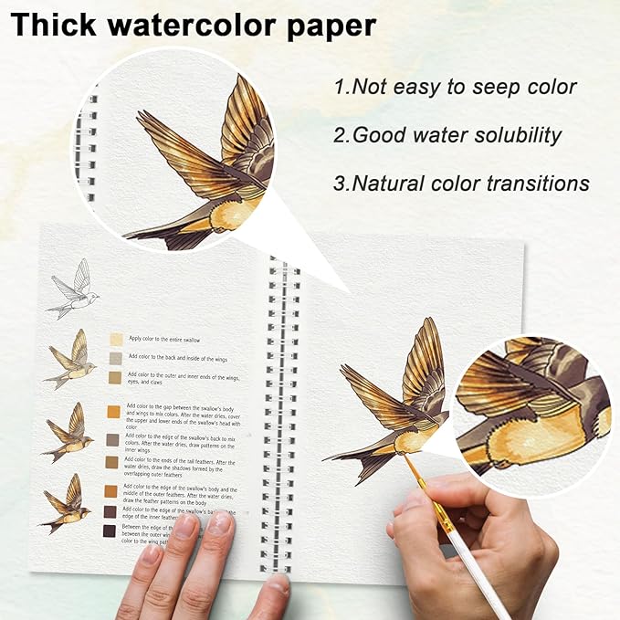 Watercolor Workbook for Beginners with Step-by-Step - 12 Watercolor Coloring Pages - 100% Cotton 300gsm/140lb Watercolor Paper - Gift for Women,Adults,Teens (Animals)