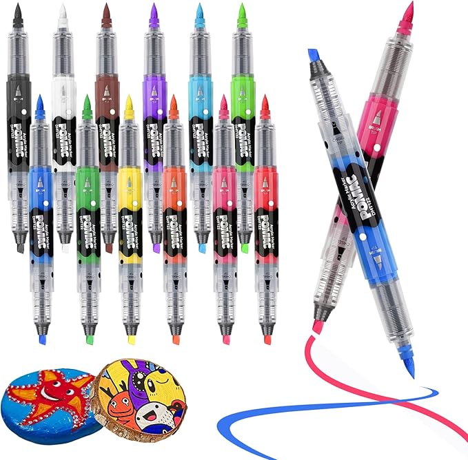 POMAC Dual Tip Acrylic Paint Markers Pens 12 Assorted Colors, Direct Liquid Acrylic Marker with Brush & Chisel Tip, Water-Based Paint Marker for Fabric, Canvas, Rock, Glass, Wood, Crafts, Art Supplies
